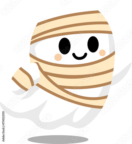 Adorable mummy ghost wrapped in beige bandages smiling for fun spooky Halloween illustration