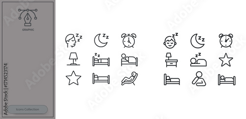 Icons representing various sleep activities and environments with clocks, beds, and restful figures illustrated clearly and simply