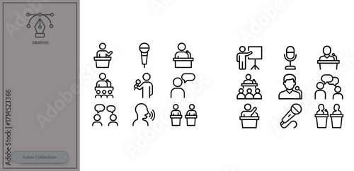 Illustrations of public speaking activities and communication methods in various settings