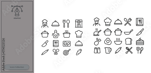 Collection of simple cooking and kitchen icons depicting various culinary tools and foods for creative design projects
