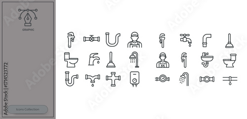 Plumbing tools and fixtures showcase with various icons depicting plumbing components and activities in a clean design