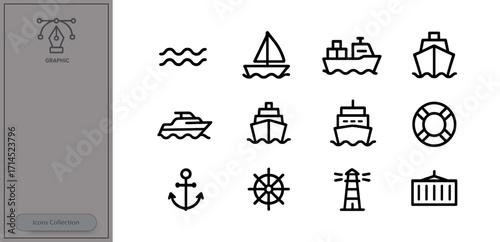 Sailboats and ships with nautical symbols like anchors and lighthouses in a creative layout