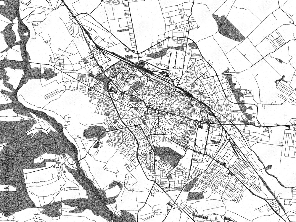 Fototapeta premium Black and white illustrated map of Craiova, Romania, with streets, rivers, and neighborhoods.