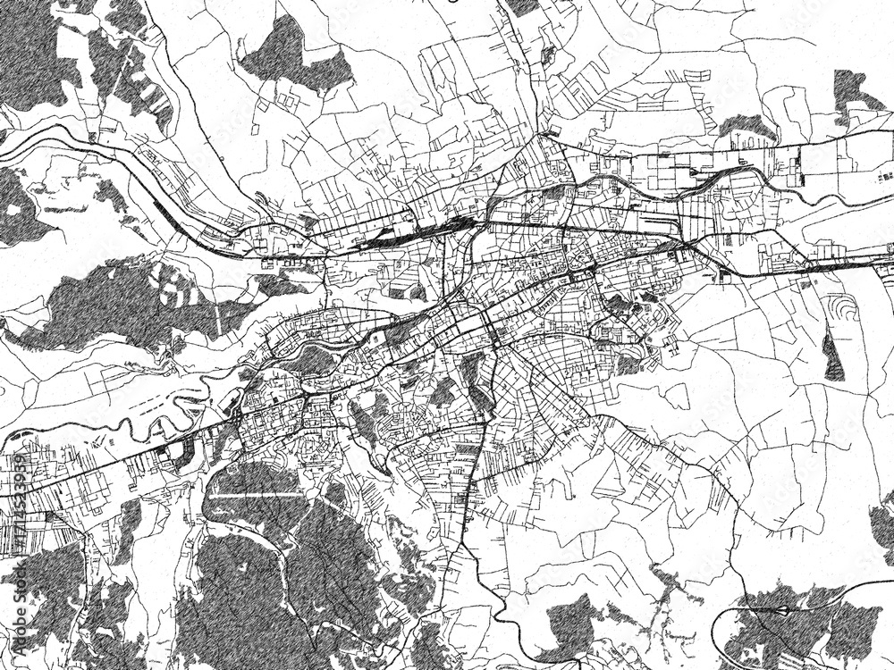 Naklejka premium Black and white illustrated map of Cluj-Napoca, Romania, with streets, rivers, and neighborhoods.