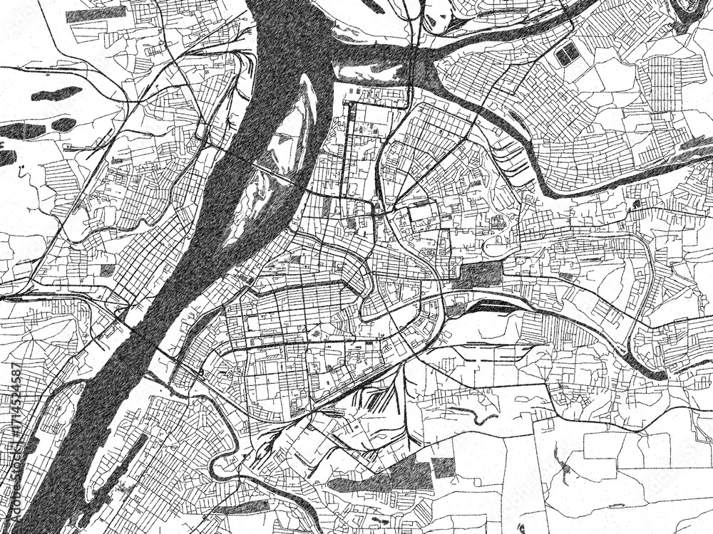 Naklejka premium Illustrated map of Astrakhan, Russian Federation, in black and white hand-drawn digital style.