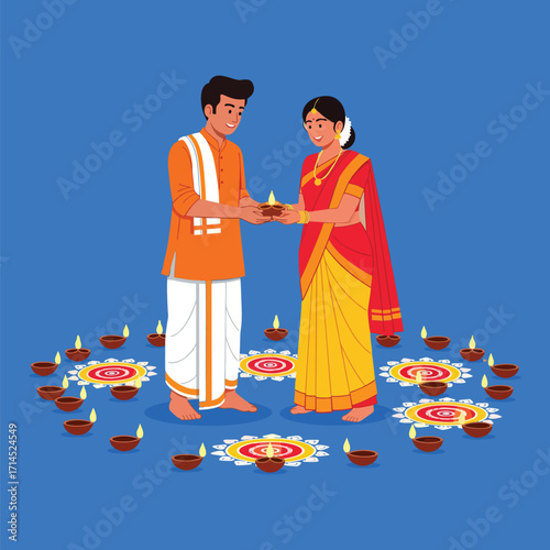 Indian couple exchanging diya lamps during Diwali festival celebration event