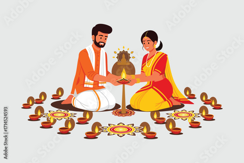 Couple celebrating diwali with traditional diya lamps and rangoli decorations art