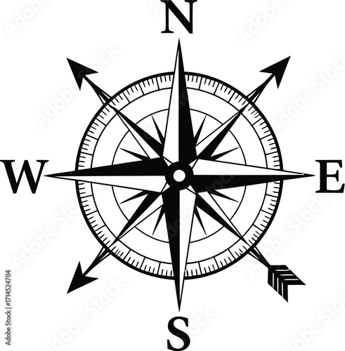 A detailed compass rose illustration, featuring cardinal directions and intricate design elements for navigation and orientation purposes
