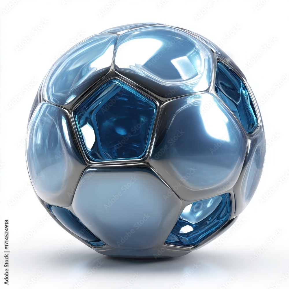 Naklejka premium Futuristic Blue and Silver Soccer Ball 3D Render Perfect for Sports and Technology Designs