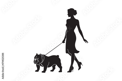 Elegant silhouette of a woman walking a bulldog on a leash