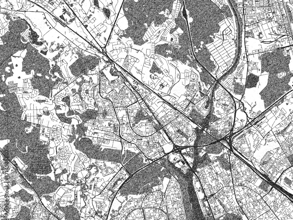 Naklejka premium Hand-drawn style black and white city map of Khimki, Russian Federation, with detailed streets and textures.