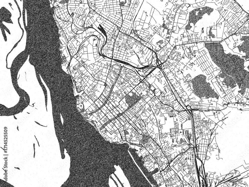 Fototapeta premium Sketch-style black and white map of Khabarovsk, Russian Federation, perfect for illustration and wall art.