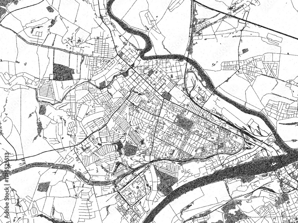 Naklejka premium Poster-ready black and white illustration map of Kolomna, Russian Federation, detailed and artistic.