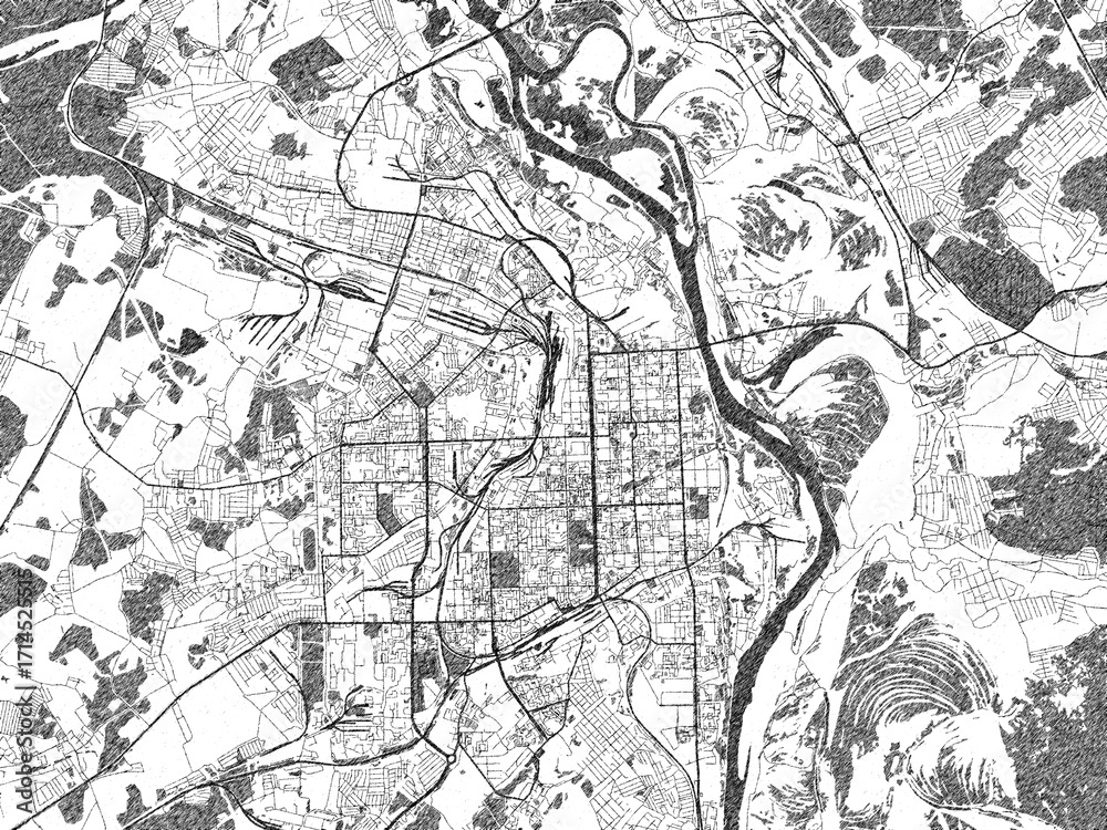 Obraz premium Minimal poster-style map of Kirov, Russian Federation, hand-drawn in monochrome.