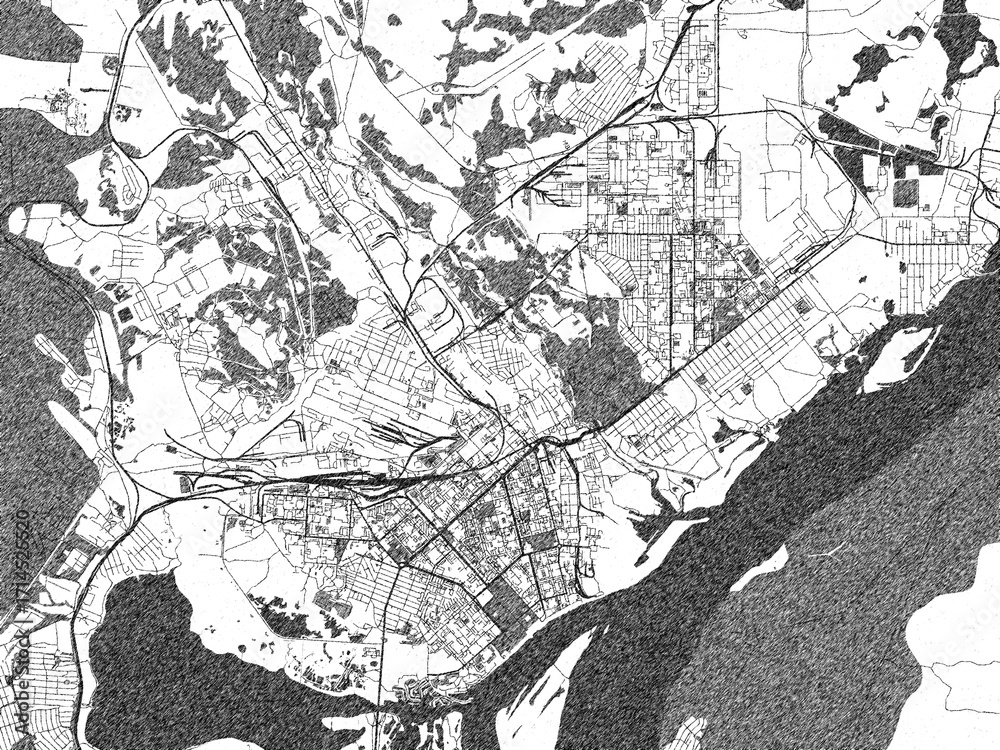 Fototapeta premium Stylized decorative city map of Komsomolsk-on-Amur, Russian Federation, hand-drawn in black and white.
