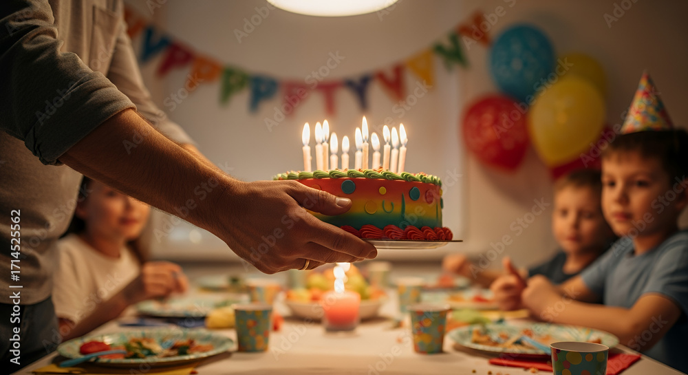 Fototapeta premium Father presenting colorful birthday cake with candles to joyful children at festive table setting