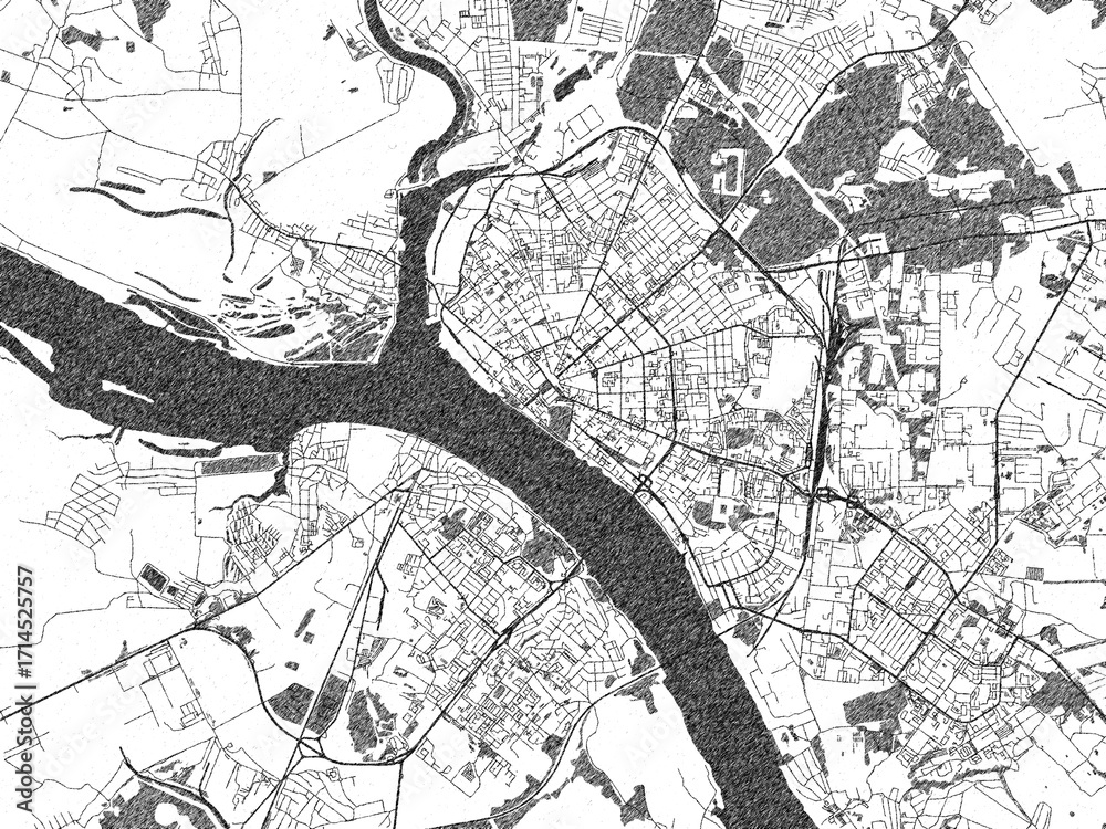 Naklejka premium Detailed artistic sketch map of Kostroma, Russian Federation, in monochrome black and white.