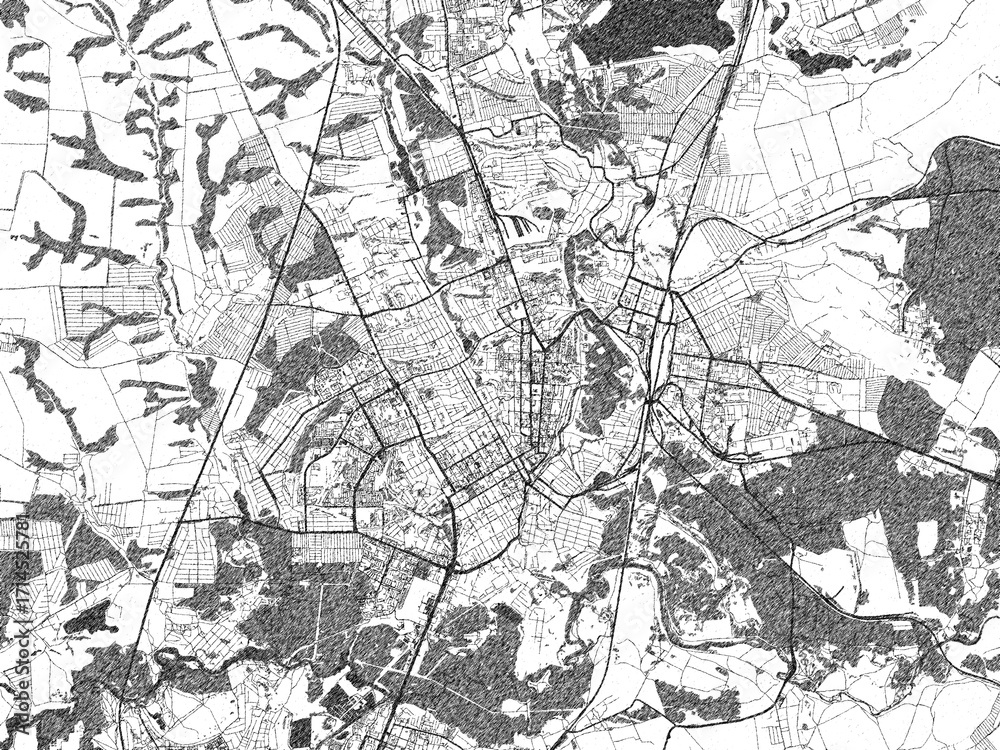 Naklejka premium Minimal poster-style map of Kursk, Russian Federation, hand-drawn in monochrome.