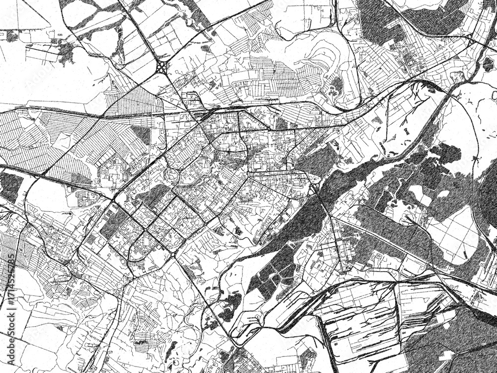 Naklejka premium Stylized decorative city map of Lipetsk, Russian Federation, hand-drawn in black and white.