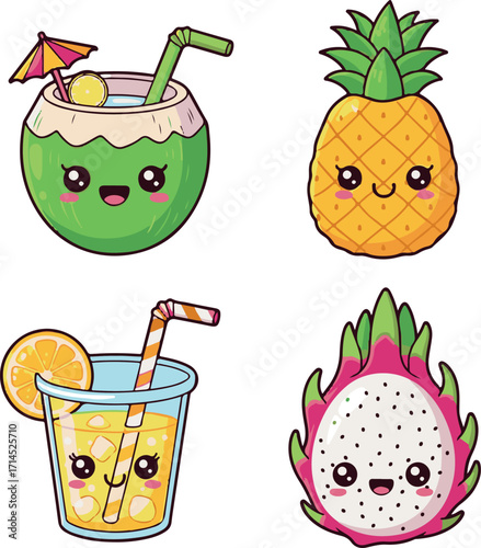 Happy Kawaii Tropical Fruits and Refreshing Drinks Collection