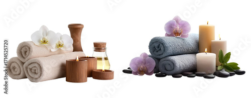 a magnolite and grey towels with orchid, candle, pebbles on white background spa concept