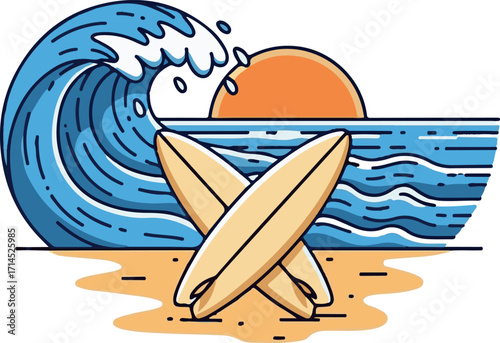 Vibrant Surfing Illustration with Crossed Surfboards on Beach, Ocean Wave, and Sunset