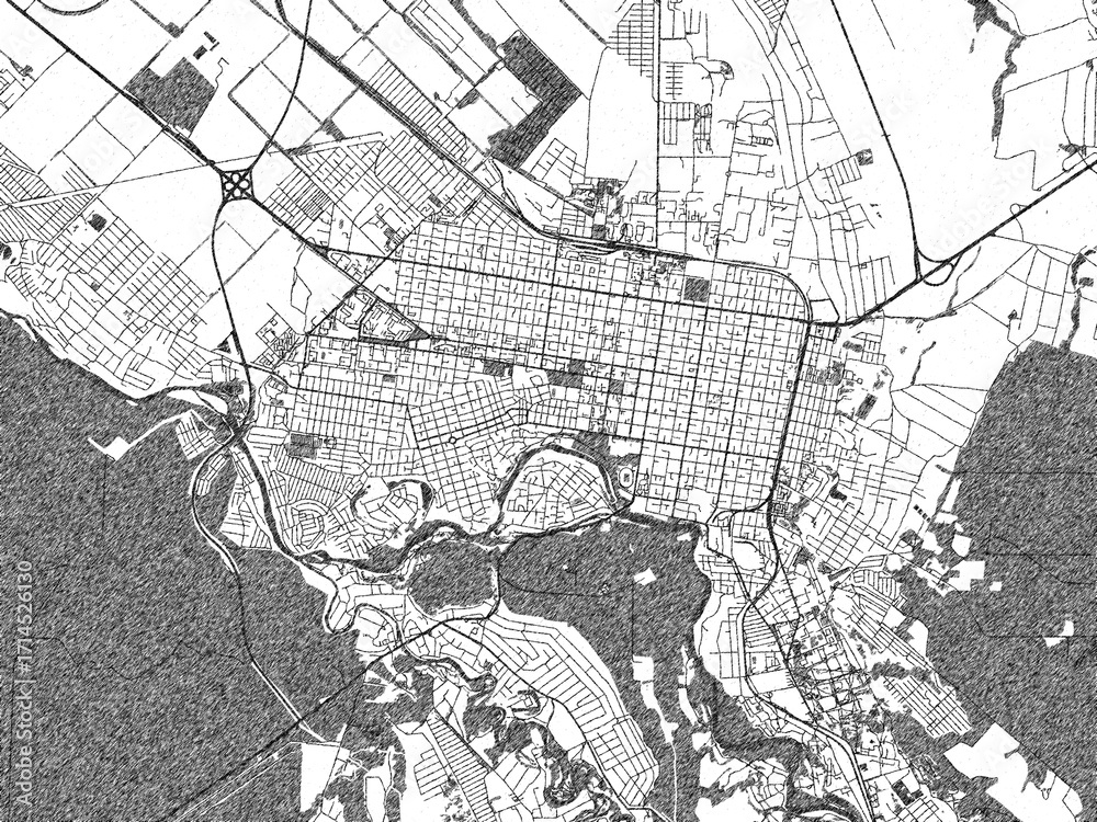 Naklejka premium Illustrated city map of Maykop, Russian Federation, in black and white, showing roads and textures.