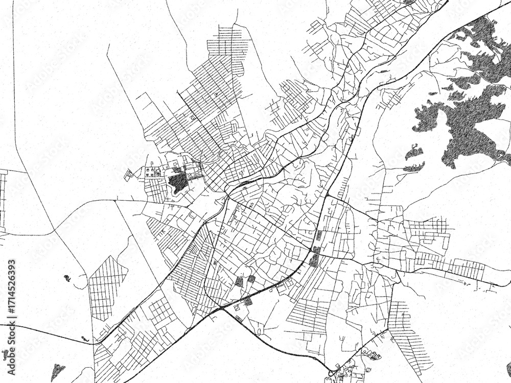 Naklejka premium Detailed black and white map of Nazran, Russian Federation, in artistic sketch style.