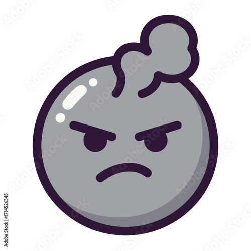Angry gray round emoji with furrowed eyebrows and steam, a negative emotion and feeling illustration.