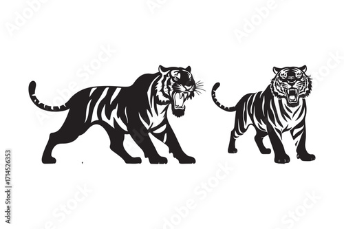 Two stylized tigers in black and white silhouette