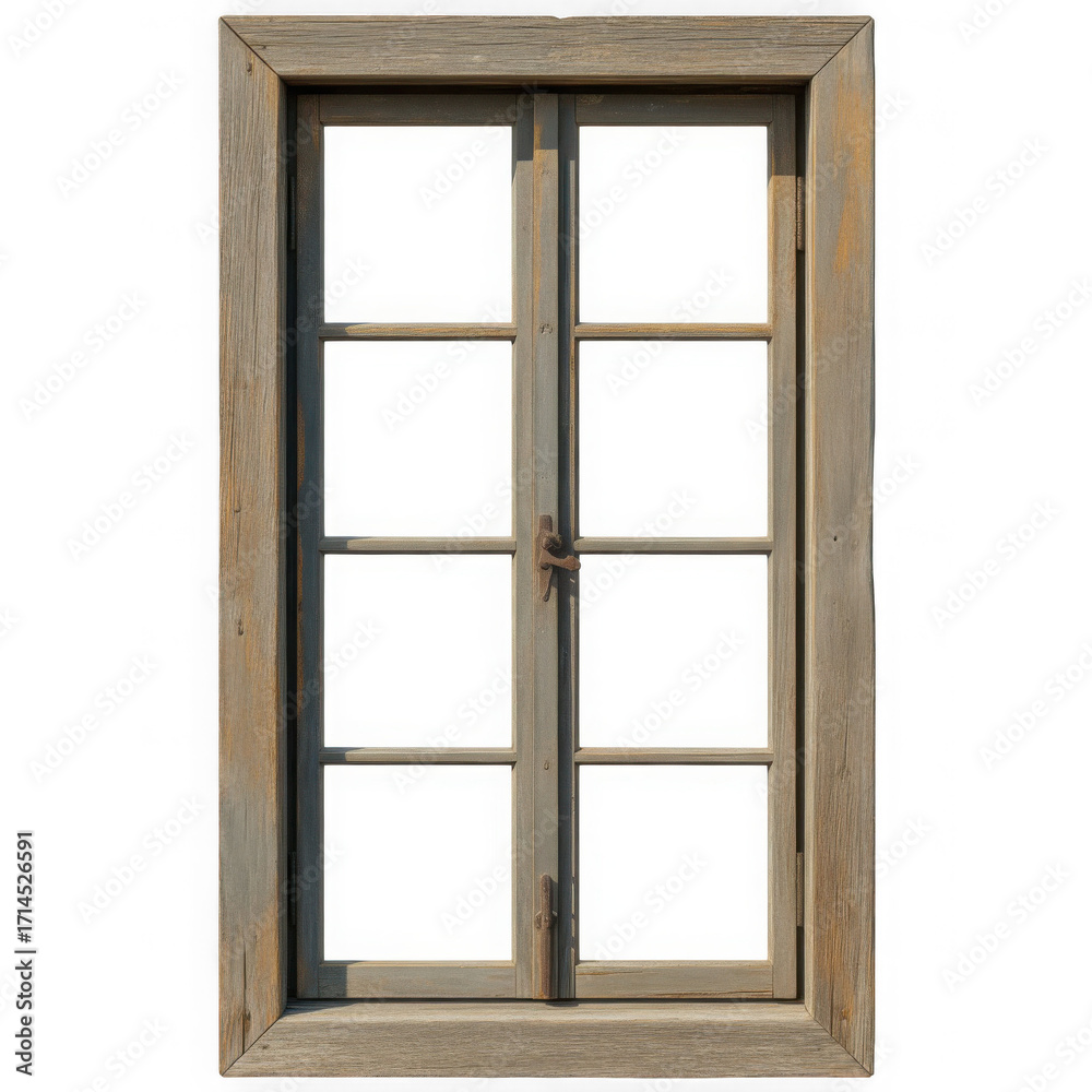  A weathered rustic wooden window frame with multiple panes is shown isolated against a bright transparent background