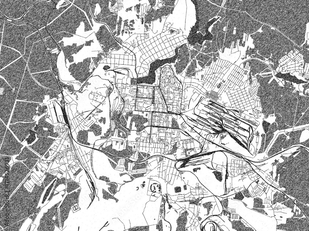 Fototapeta premium Illustrated map of Pervouralsk, Russian Federation, in black and white hand-drawn digital style.
