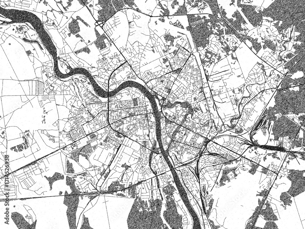 Naklejka premium Sketch-style black and white map of Pskov, Russian Federation, perfect for illustration and wall art.