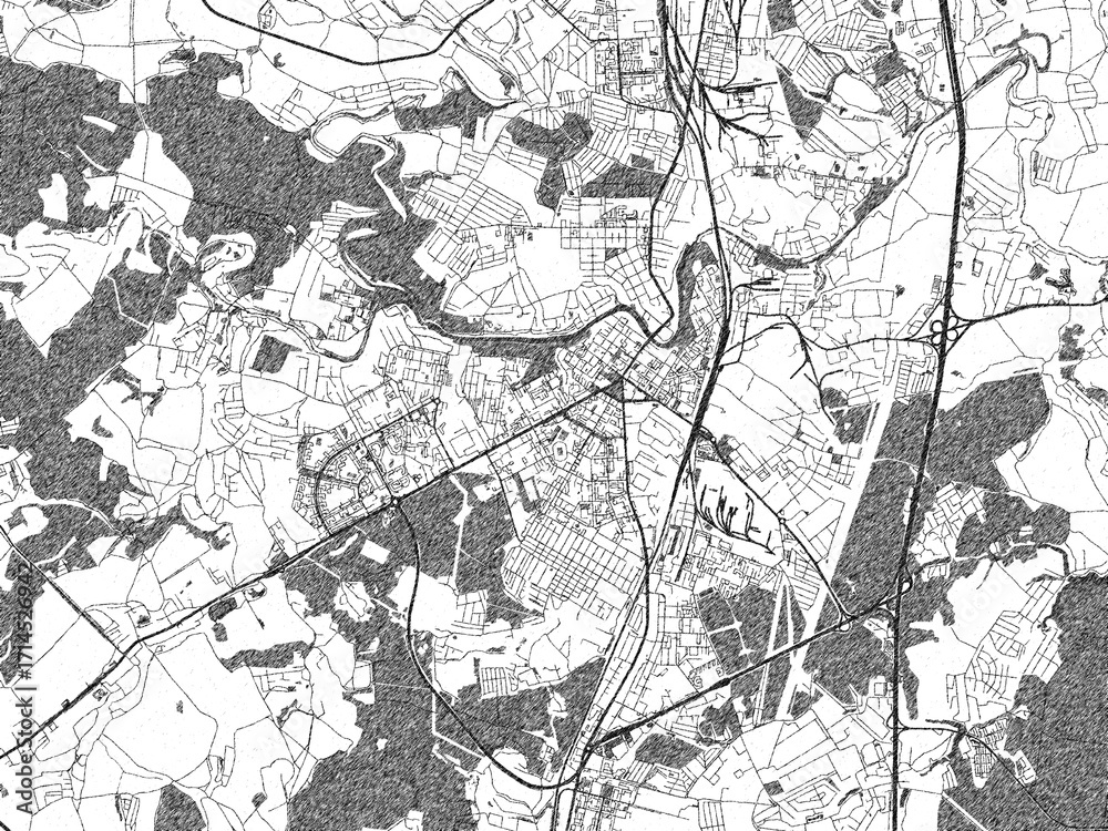 Naklejka premium City map illustration of Podolsk, Russian Federation, rendered in black and white sketch style.