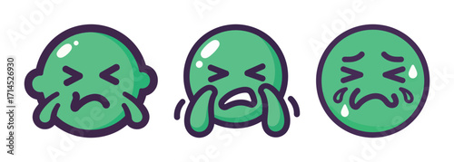 Set of three crying and sad green emojis with tears, a negative emotion and feeling illustration pack.