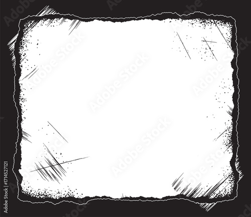 Rectangular vintage paper frame with rough borders, brush strokes, scratches, and snow edge effects. Solid black vector style, perfect for tracing, poster design, t-shirt prints, and scrapbook project
