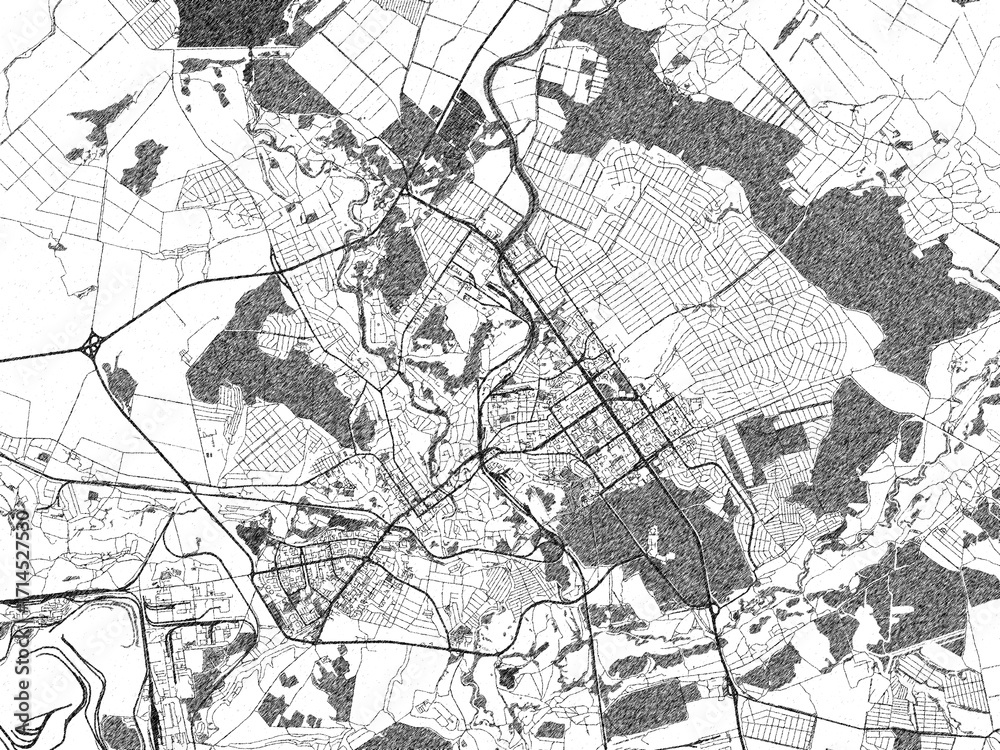 Fototapeta premium Sketch-style black and white map of Staryy Oskol, Russian Federation, perfect for illustration and wall art.