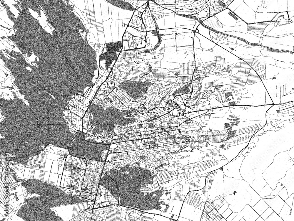Obraz premium Detailed artistic sketch map of Stavropol', Russian Federation, in monochrome black and white.