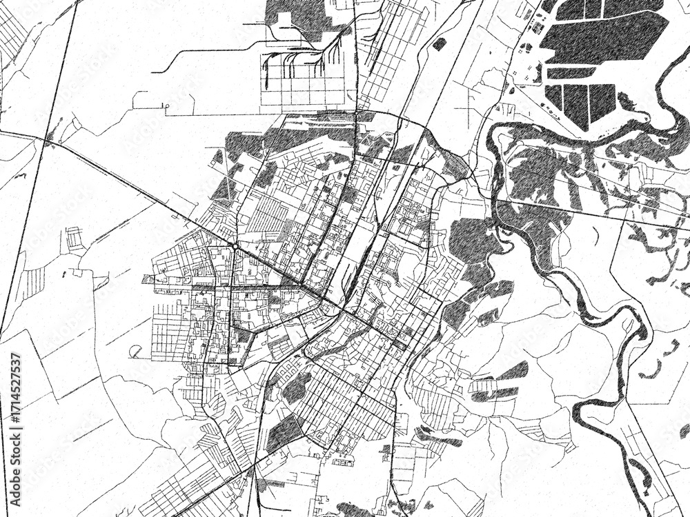 Fototapeta premium Urban black and white map of Sterlitamak, Russian Federation, designed in a sketch style for prints.