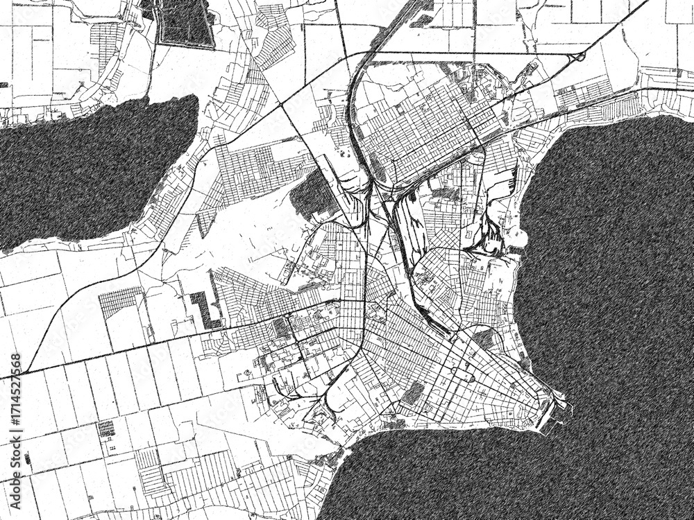 Obraz premium Illustrated city map of Taganrog, Russian Federation, in black and white, showing roads and textures.