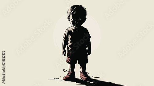 Intense gaze of a young boy staring straight ahead, perfect for emotional storytelling and childhood themes