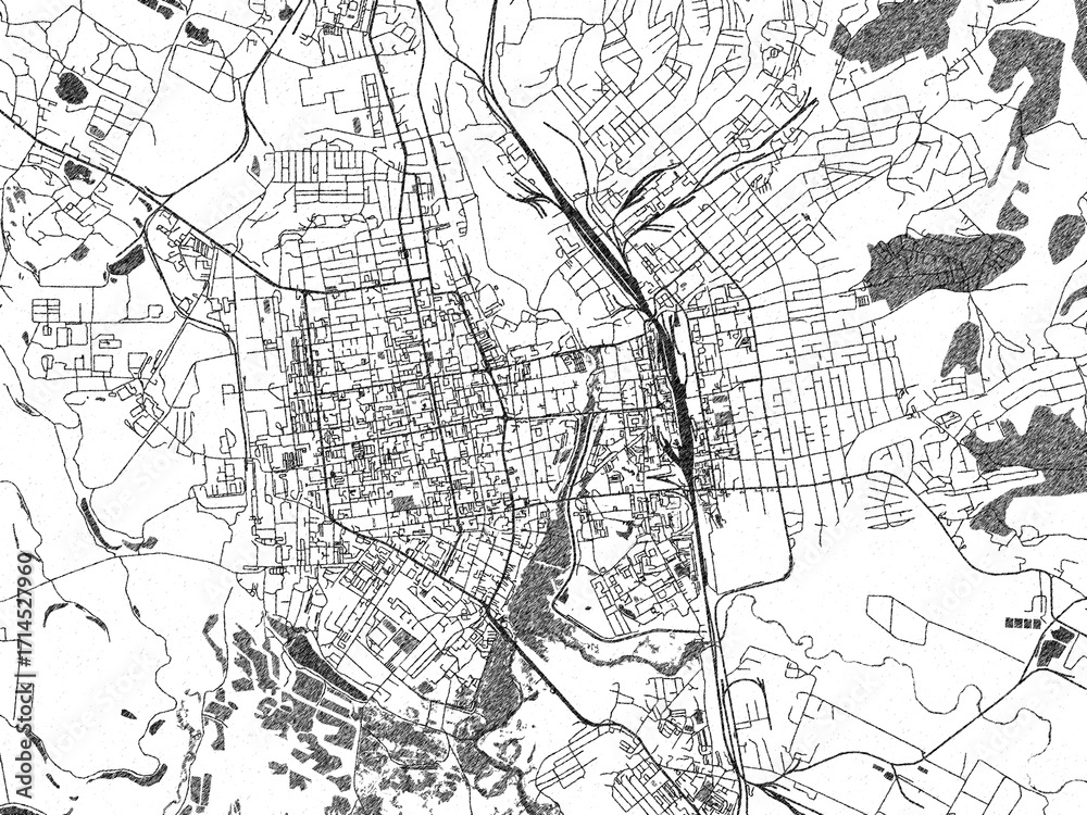 Naklejka premium Monochrome sketch map of Ussuriysk, Russian Federation, ideal for posters, prints, and travel design.