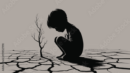 Sad child crouches near barren tree in parched land, symbolizing drought and environmental concerns
