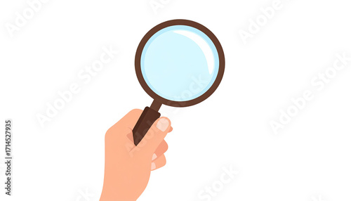 Hand holding a magnifying glass.  Simple graphic
