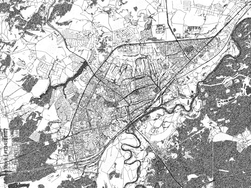 Fototapeta premium Decorative black and white map of Vladimir, Russian Federation, rendered in sketch-like style.