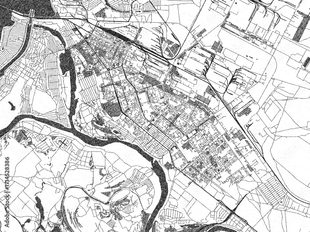Naklejka premium Sketch-style black and white map of Volzhsky, Russian Federation, perfect for illustration and wall art.