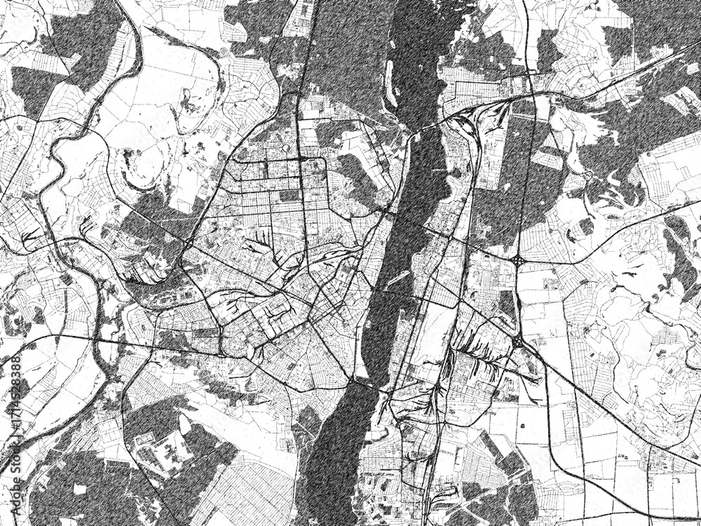 Fototapeta premium Poster-ready black and white illustration map of Voronezh, Russian Federation, detailed and artistic.