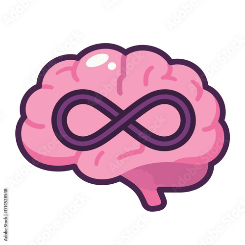 An icon of a pink human brain with a purple infinity symbol, representing unlimited knowledge, consciousness, and eternal thinking.