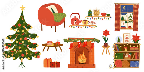 Cozy winter set of home decor items with Christmas elements on a white background
