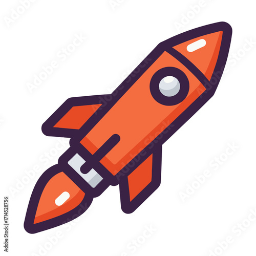 An orange rocket ship blasting off with flames, a vector icon representing speed, innovation, and startup concepts.
